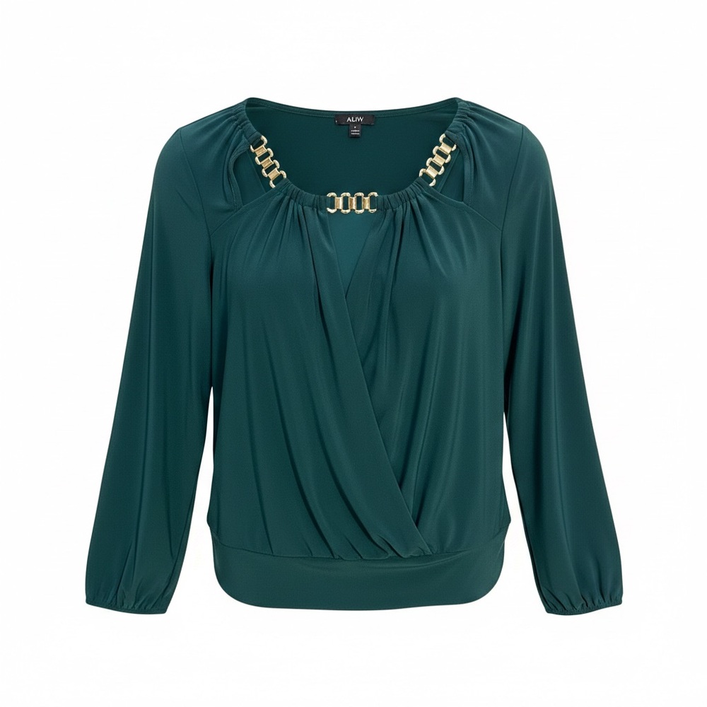 AUW Forest Green Cut Out Wrap Long Sleeve Top With Gold Chain Accents Size Large